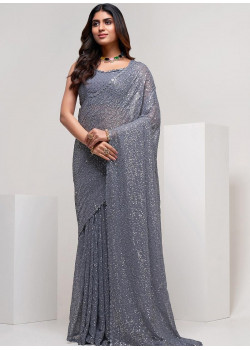 Grey Georgette Embroidered Party Wear Sarees AF230448