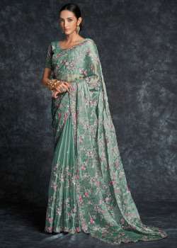 Sea Green Organza Embroidered Wedding Saree AF230433