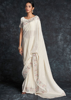 White Georgette Embroidered Wedding Saree AF230435