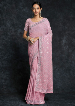 Pink Georgette Embroidered Wedding Saree AF230437