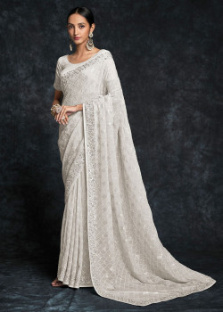 White Georgette Embroidered Wedding Saree AF230438