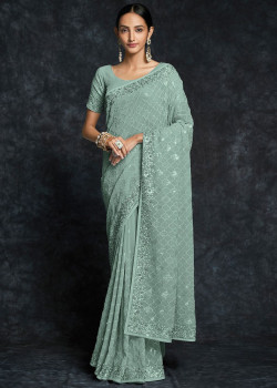 Pista Georgette Embroidered Wedding Saree AF230439