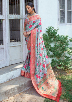 Blue Banarasi Silk Wevon Borser Printed Wedding Sarees AF230442