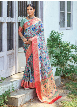 Pista Banarasi Silk Wevon Borser Printed Wedding Sarees AF230443