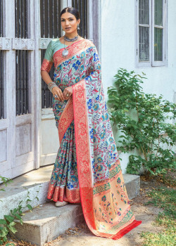 Pista Banarasi Silk Wevon Borser Printed Wedding Sarees AF230443