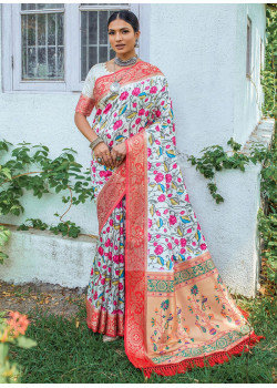 Cream Banarasi Silk Wevon Borser Printed Wedding Sarees AF230444