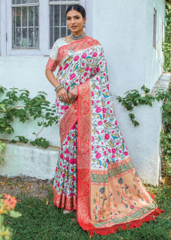 Cream Banarasi Silk Wevon Borser Printed Wedding Sarees AF230444