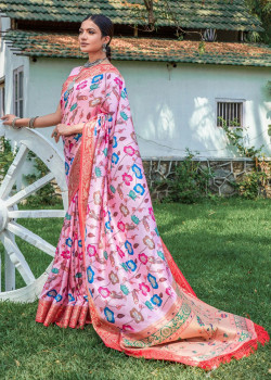 Pink Banarasi Silk Wevon Borser Printed Wedding Sarees AF230445