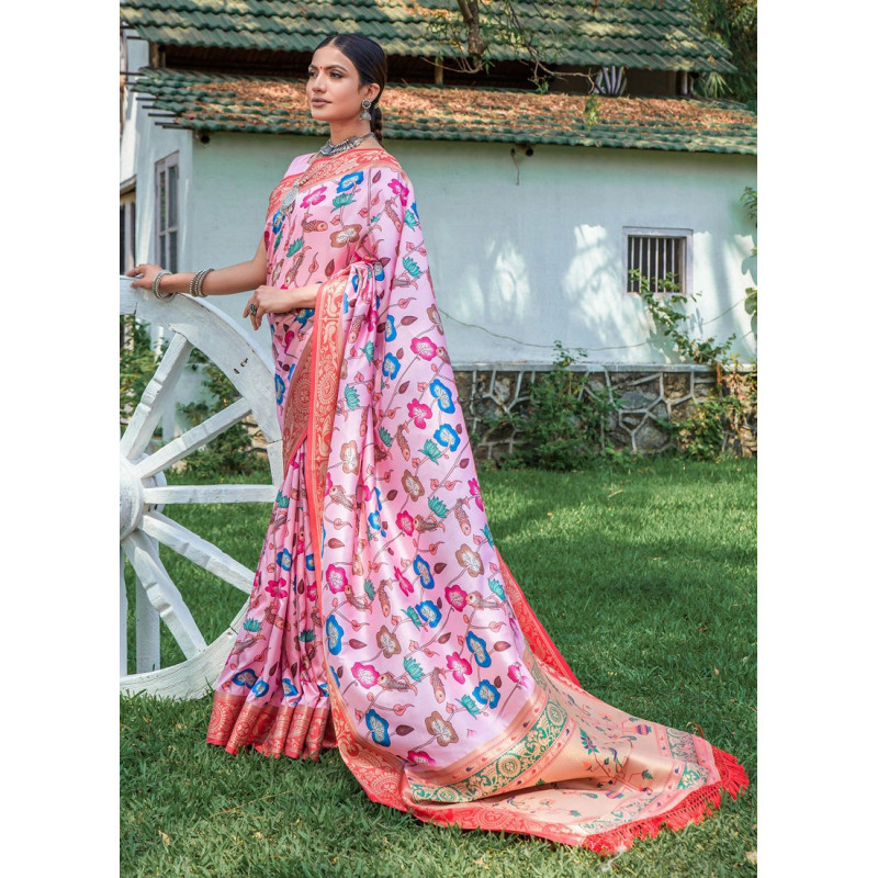 Pink Banarasi Silk Wevon Borser Printed Wedding Sarees AF230445