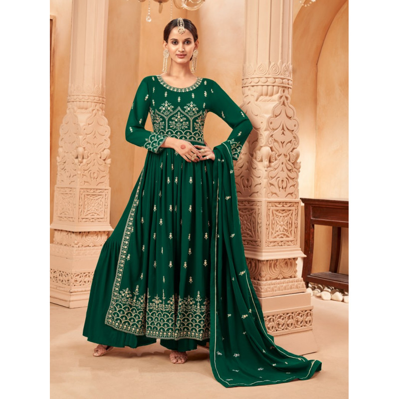 Dark Green Faux Georgette Embroidered Naira Cut Palazzo Suit AF230411