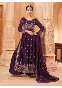Purple Faux Georgette Embroidered Naira Cut Palazzo Suit AF230412