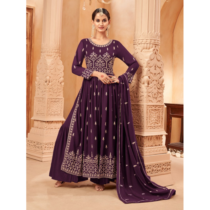 Purple Faux Georgette Embroidered Naira Cut Palazzo Suit AF230412
