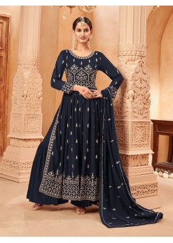 Navy Blue Faux Georgette Embroidered Naira Cut Palazzo Suit AF230413