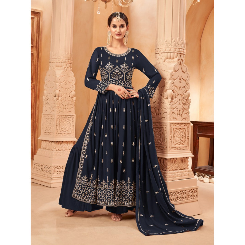 Navy Blue Faux Georgette Embroidered Naira Cut Palazzo Suit AF230413