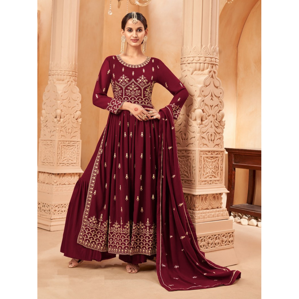 Georgette Silk Party Wear Gown Maroon Color with Embroidery Work - Casual  Wear Gown - Gown