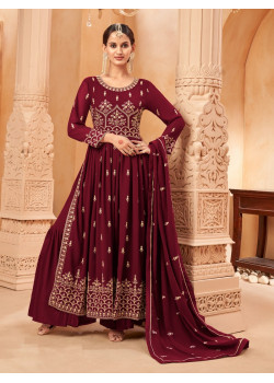 Maroon Faux Georgette Embroidered Naira Cut Palazzo Suit AF230414