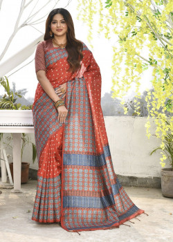 Rust Cotton Silk Printed Casual Sarees AF230423