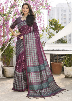 Wine Cotton Silk Printed Casual Sarees AF230424