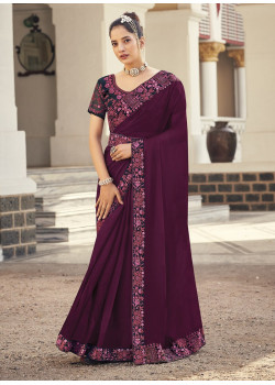 Wine Gold Metallic Embroidered Party Wear Sarees AF230415