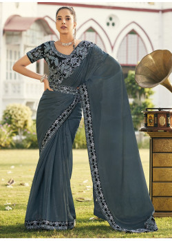 Grey Gold Metallic Embroidered Party Wear Sarees AF230416