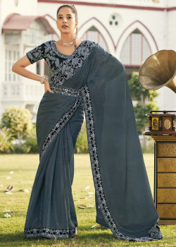 Grey Gold Metallic Embroidered Party Wear Sarees AF230416