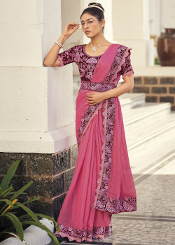 Pink Gold Metallic Embroidered Party Wear Sarees AF230417