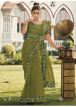 Green Gold Metallic Embroidered Party Wear Sarees AF230418