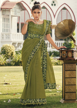 Green Gold Metallic Embroidered Party Wear Sarees AF230418