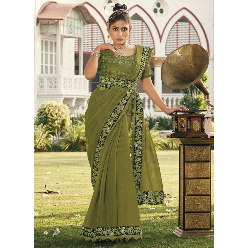 Green Gold Metallic Embroidered Party Wear Sarees AF230418