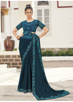 Teal Blue Gold Metallic Embroidered Party Wear Sarees AF230420