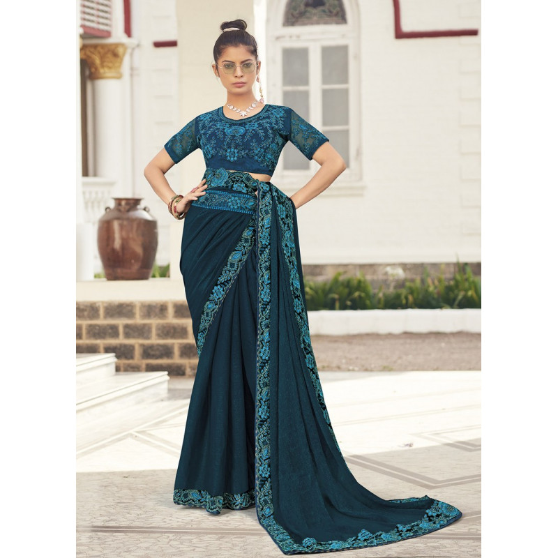 Teal Blue Gold Metallic Embroidered Party Wear Sarees AF230420