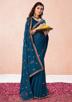 Blue Georgette Thread Embroidered Party Wear Sarees AF2304858