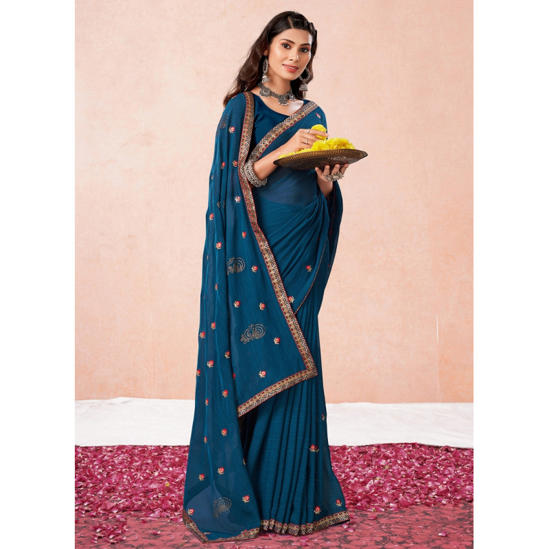 Blue Georgette Thread Embroidered Party Wear Sarees AF2304858