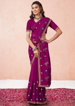 Purple Georgette Thread Embroidered Party Wear Sarees AF2304860