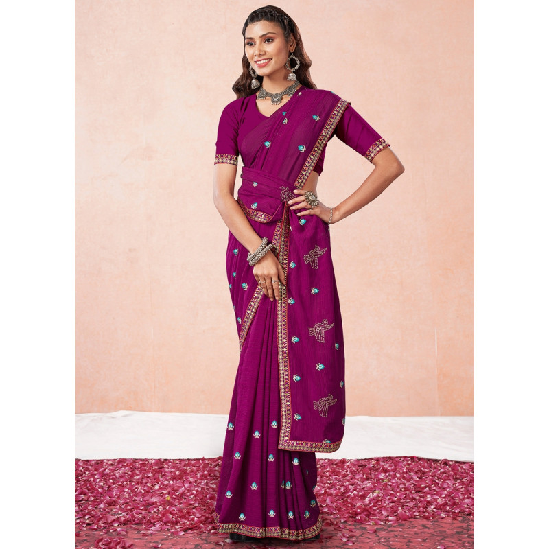 Purple Georgette Thread Embroidered Party Wear Sarees AF2304860