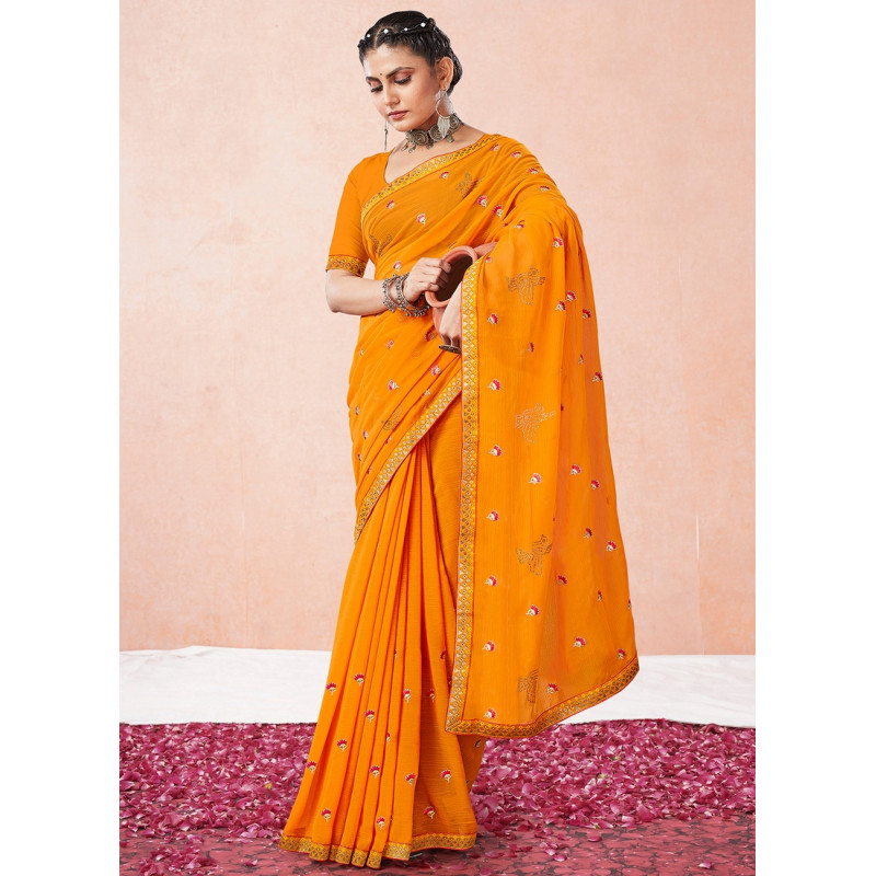 Yellow Georgette Thread Embroidered Party Wear Sarees AF2304862