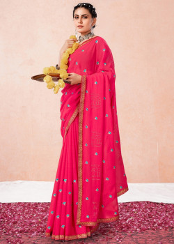 Pink Georgette Thread Embroidered Party Wear Sarees AF2304863