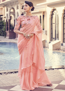 Peach Organza Embroidery Work Party Wear Sarees AF2304864