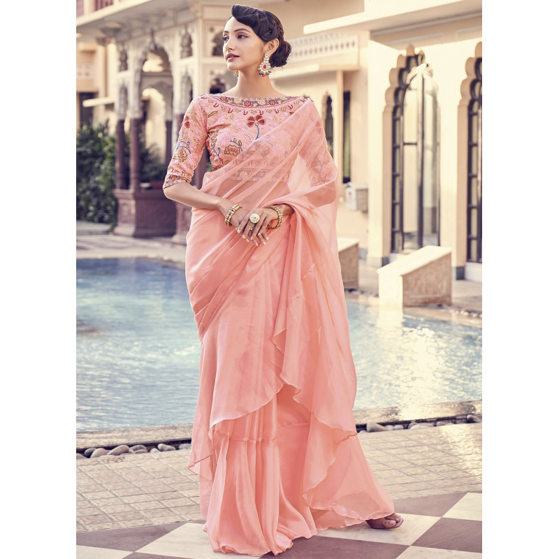 Peach Organza Embroidery Work Party Wear Sarees AF2304864