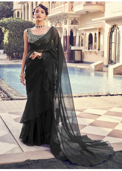 Black Organza Embroidery Work Party Wear Sarees AF2304865