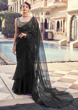 Black Organza Embroidery Work Party Wear Sarees AF2304865