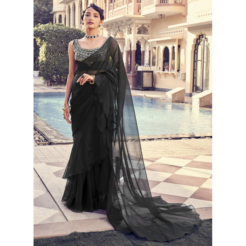 Black Organza Embroidery Work Party Wear Sarees AF2304865