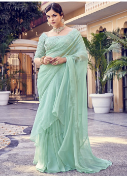 Sea Green Organza Embroidery Work Party Wear Sarees AF2304866