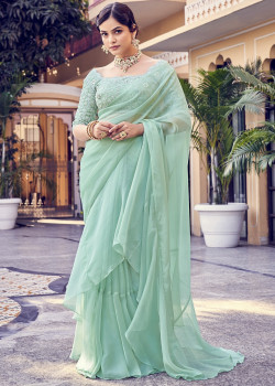 Sea Green Organza Embroidery Work Party Wear Sarees AF2304866