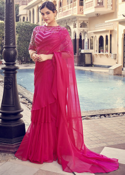 Pink Organza Embroidery Work Party Wear Sarees AF2304867