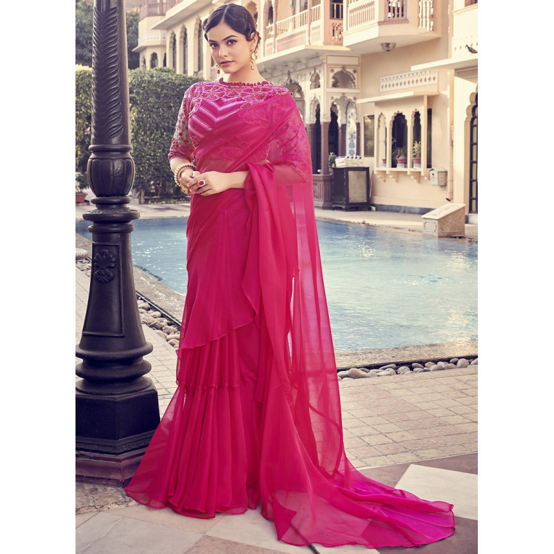 Pink Organza Embroidery Work Party Wear Sarees AF2304867