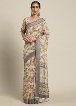 Brown Cotton Blend  Wevon Border Printed Sarees AF2304872