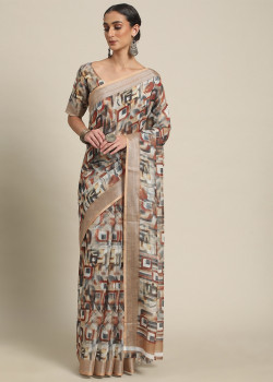 Grey Cotton Blend  Wevon Border Printed Sarees AF2304875