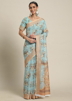 Blue Cotton Blend  Wevon Border Printed Sarees AF2304879