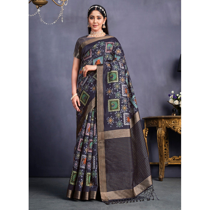 Navy Blue Tusser Silk Geometric Printed Party Wear Sarees AF2304882